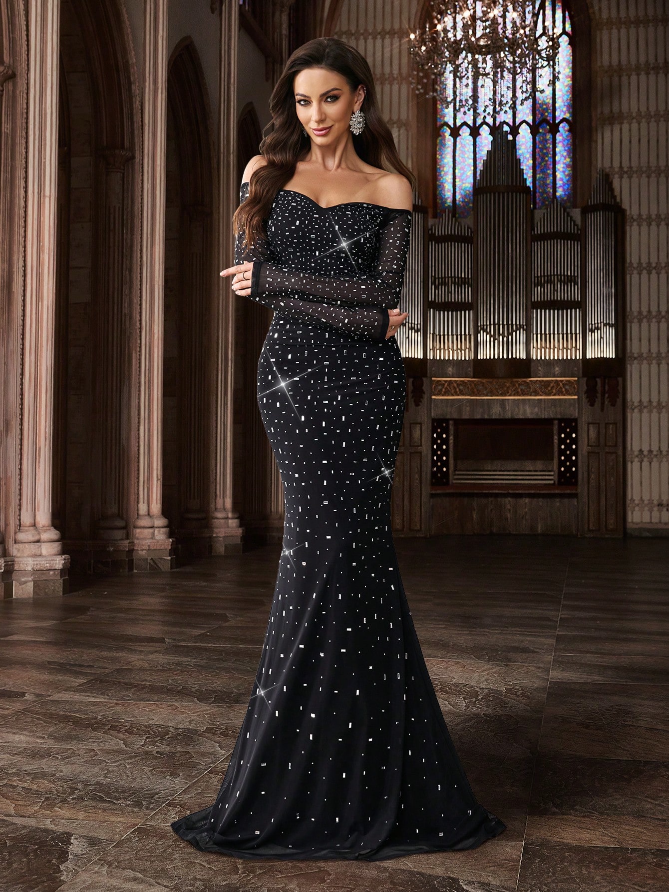 Elegant Charming Spring Summer Hot Drill Formal Dress Women Rhinestone Chic Evening Gown For Evening Party, Cocktail, Dinner Party, Concert, Charity Prom, Birthday Party Black Cold Shoulder Slim Long Sleeve Floor Length Dresses