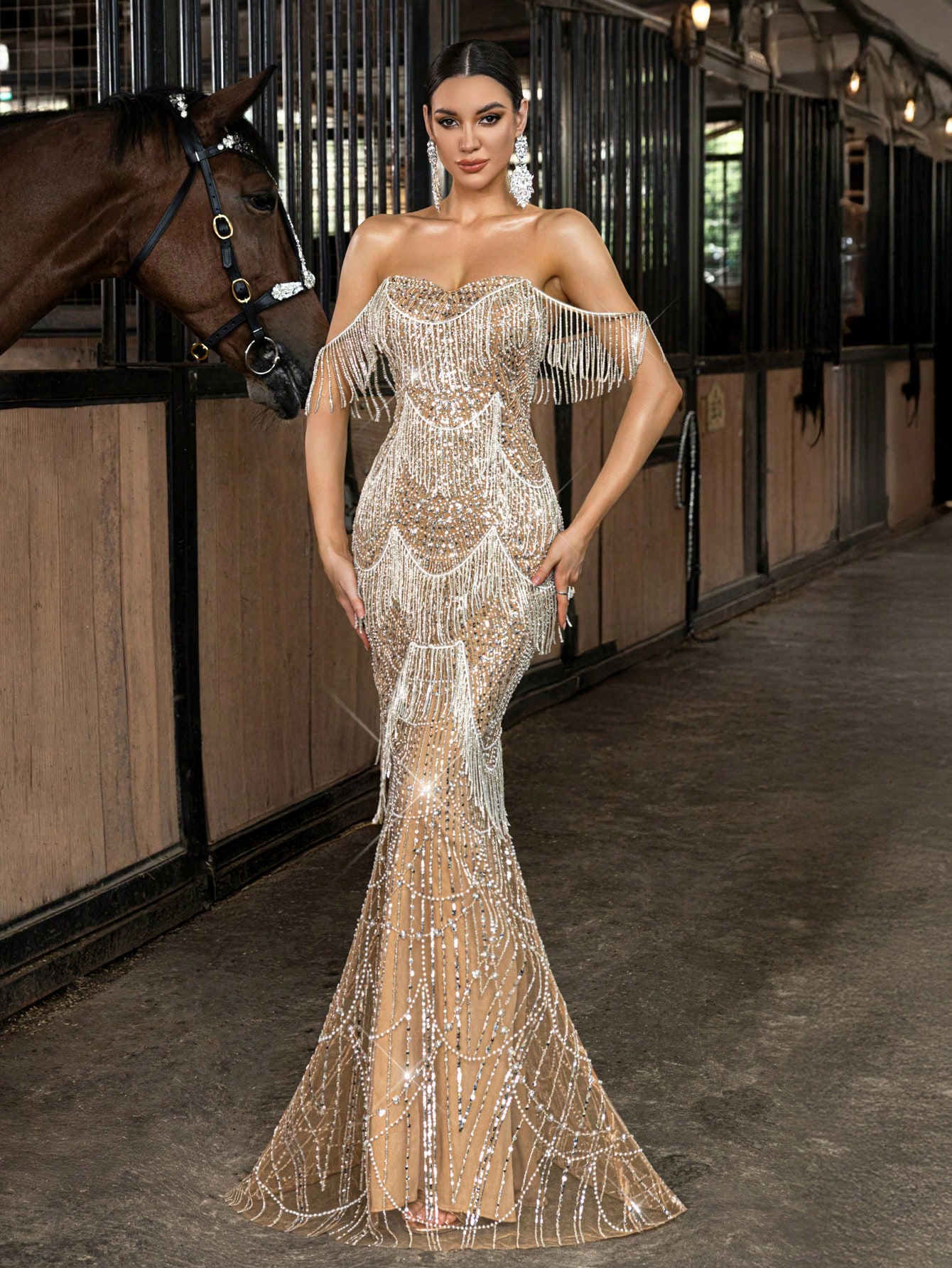 Gorgeous Sequins Beads Party Evening Gown Fringe Details Women Formal Dress For Galas, Fashion Event, Birthday Party, Charity Prom, Dinners Sleeveless Mermaid Hem Maxi Dresses