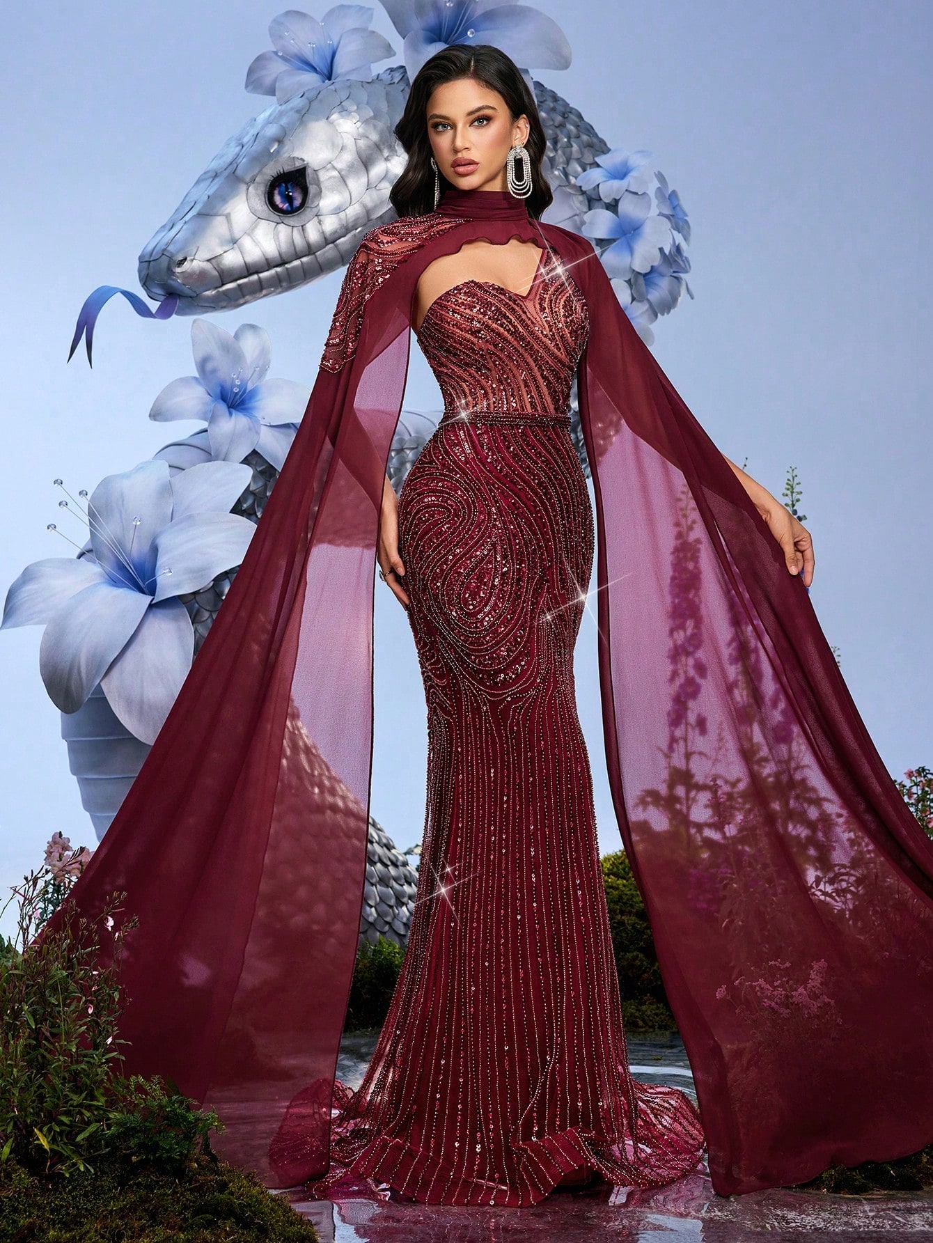 Queen Temperament Solid Color Maxi Party Dress for Women with Stand Collar and Cloak Sleeves Flared Hem Backless Design Featuring Contrast Mesh and Sequin Embellishments