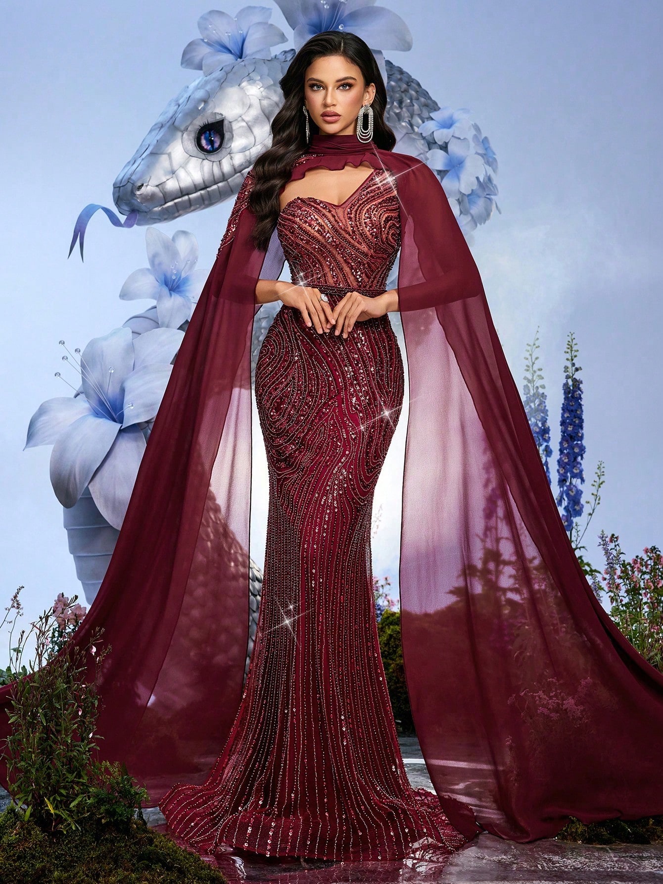 Queen Temperament Solid Color Maxi Party Dress for Women with Stand Collar and Cloak Sleeves Flared Hem Backless Design Featuring Contrast Mesh and Sequin Embellishments