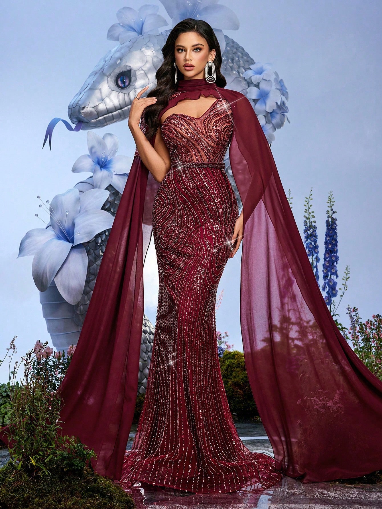 Queen Temperament Solid Color Maxi Party Dress for Women with Stand Collar and Cloak Sleeves Flared Hem Backless Design Featuring Contrast Mesh and Sequin Embellishments