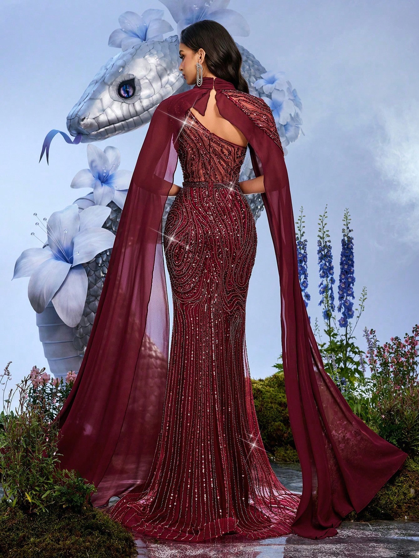 Queen Temperament Solid Color Maxi Party Dress for Women with Stand Collar and Cloak Sleeves Flared Hem Backless Design Featuring Contrast Mesh and Sequin Embellishments