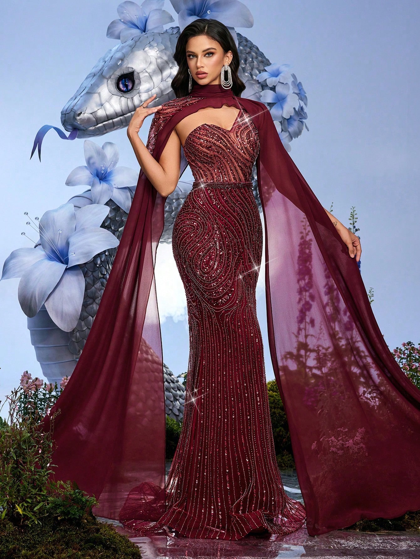 Queen Temperament Solid Color Maxi Party Dress for Women with Stand Collar and Cloak Sleeves Flared Hem Backless Design Featuring Contrast Mesh and Sequin Embellishments