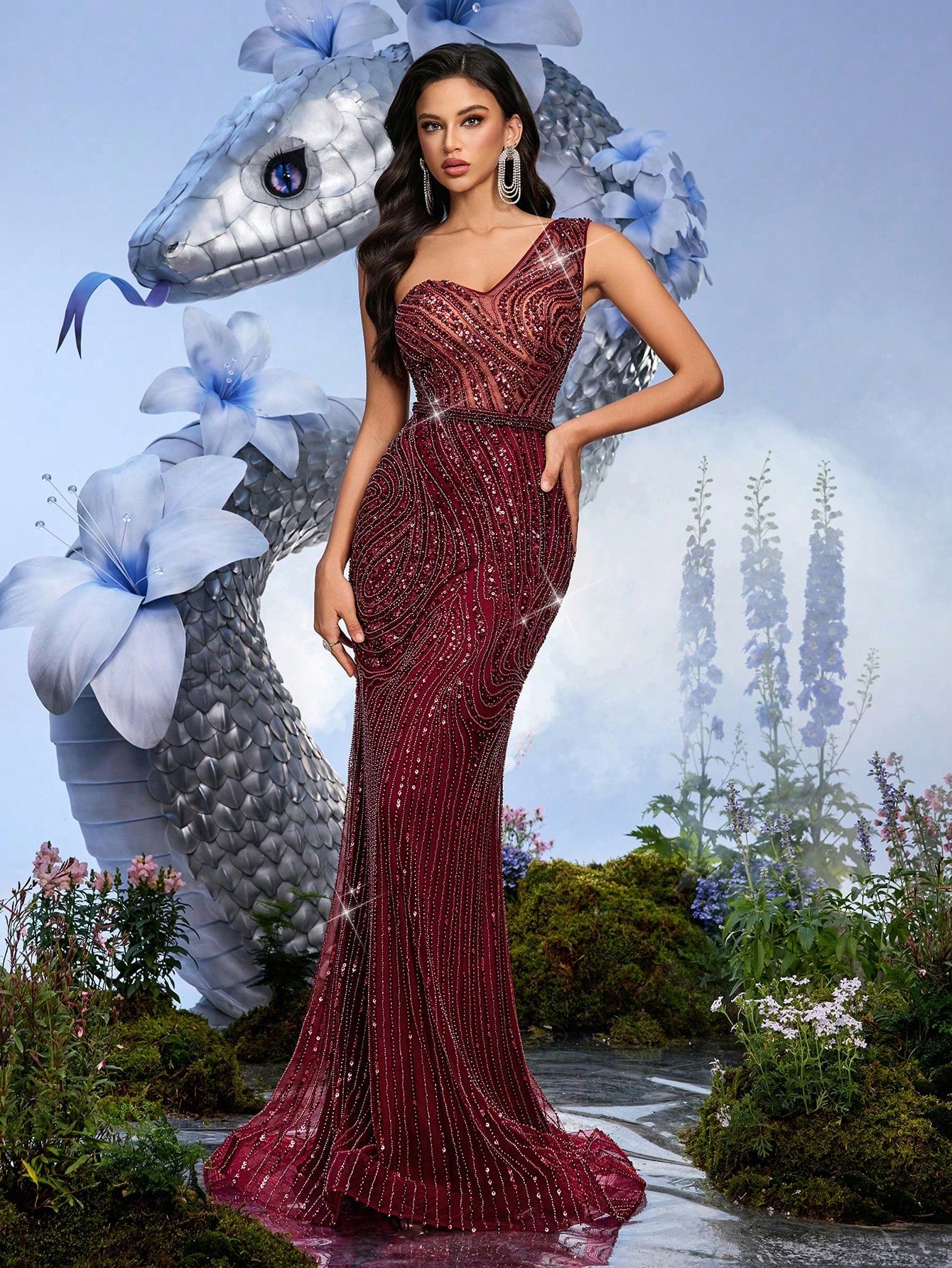 Queen Temperament Solid Color Maxi Party Dress for Women with Stand Collar and Cloak Sleeves Flared Hem Backless Design Featuring Contrast Mesh and Sequin Embellishments