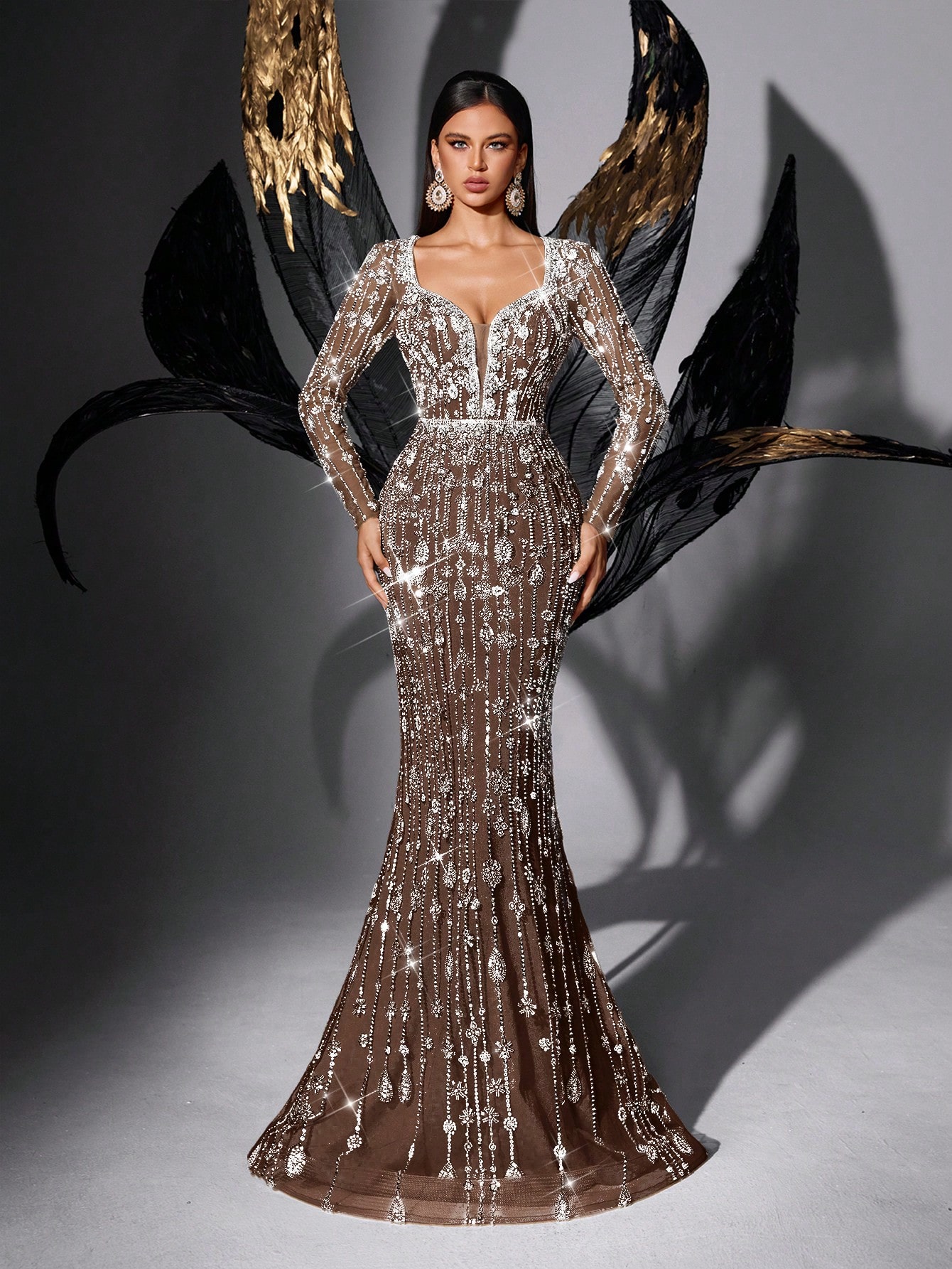 Sparkling Full-Sequin Champagne Deep V Long Sleeve Mermaid Evening Gown Elegant Design for Weddings & Galas Mermaid Silhouette