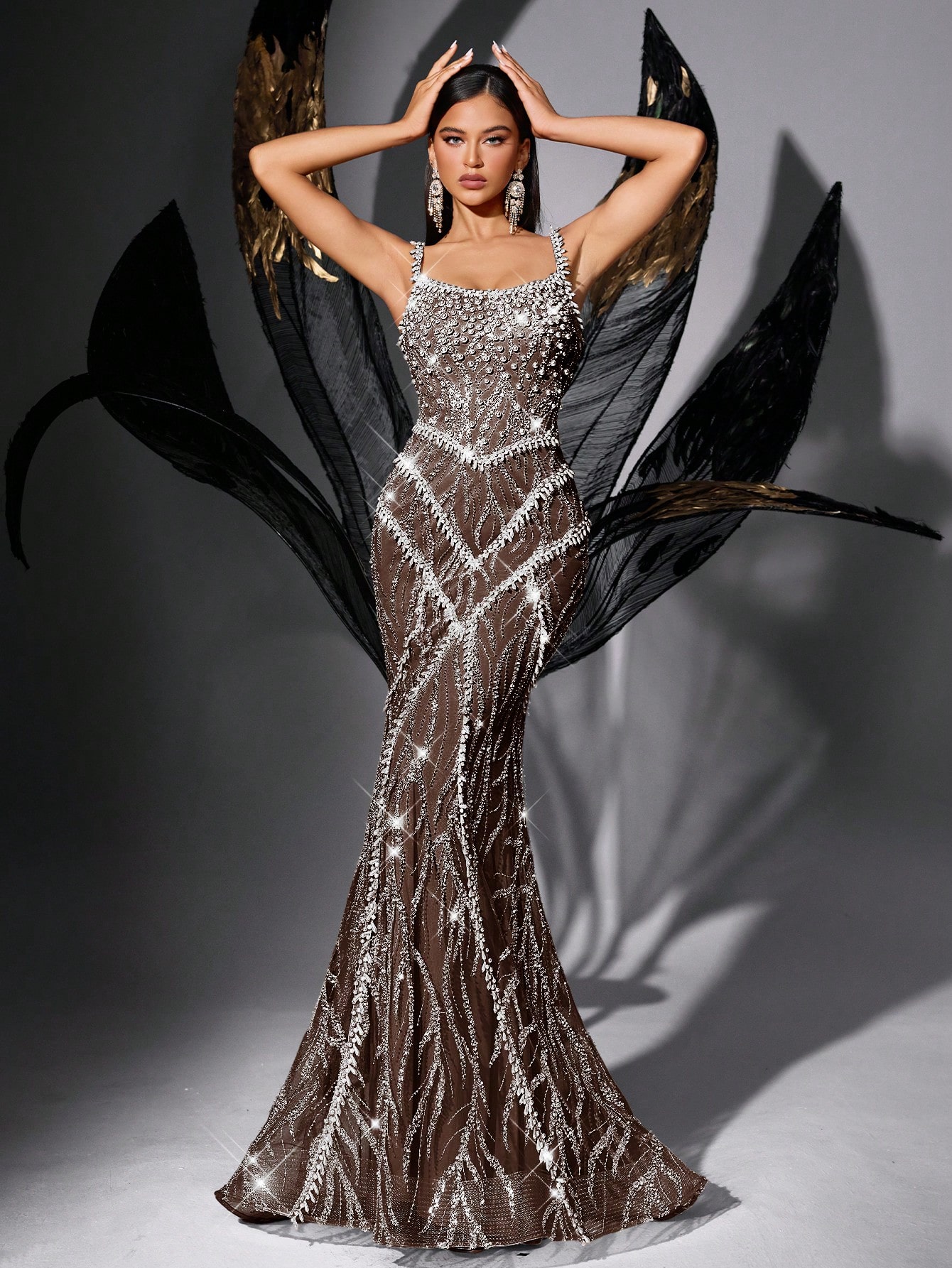 Bling Gorgeous Solid Color Sequin Beaded Backless Strapless Slim Gown Dresses