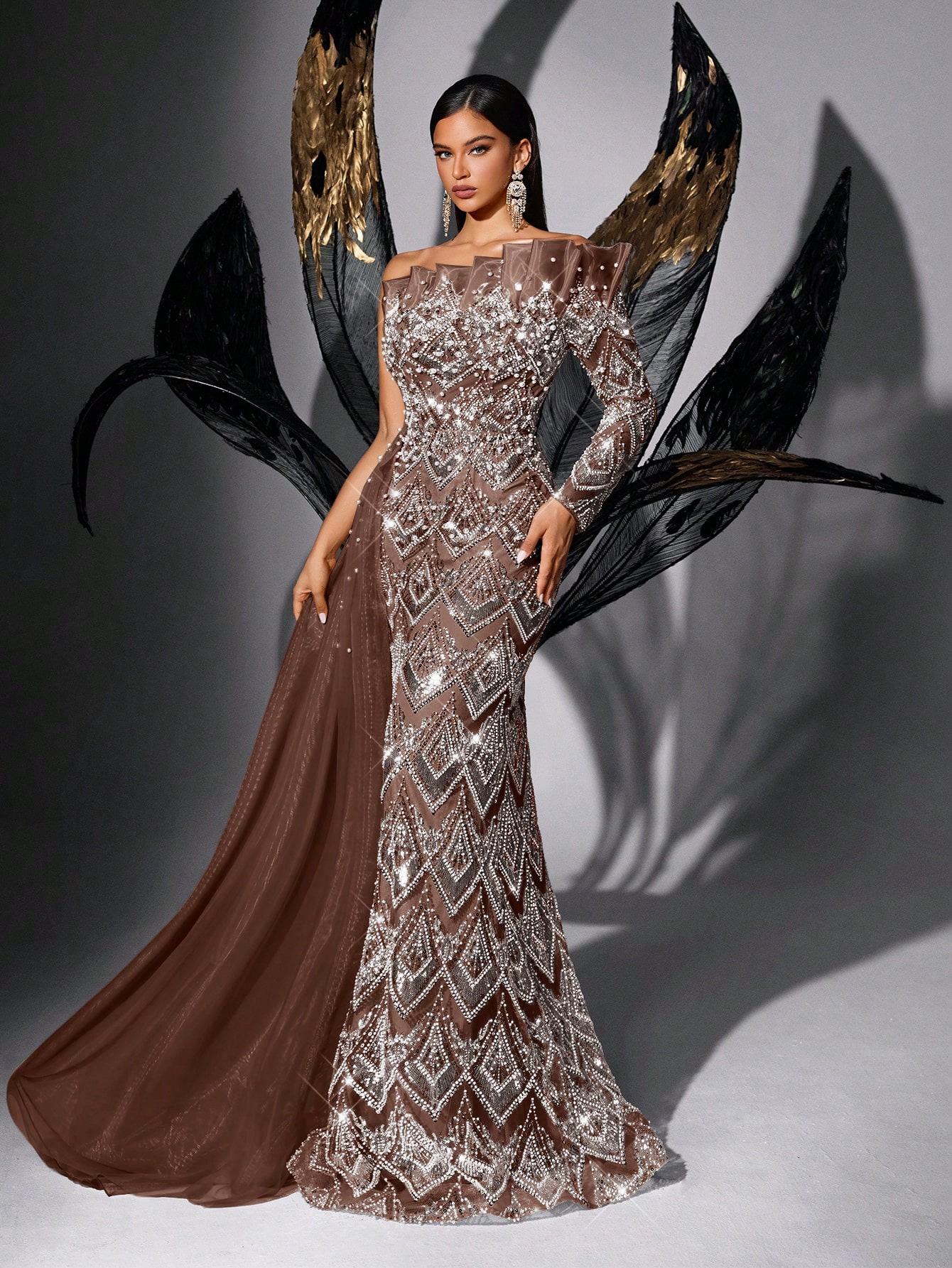 Chic Design Solid Color Sequins Beading One Shoulder Mermaid Hem Gown Dresses