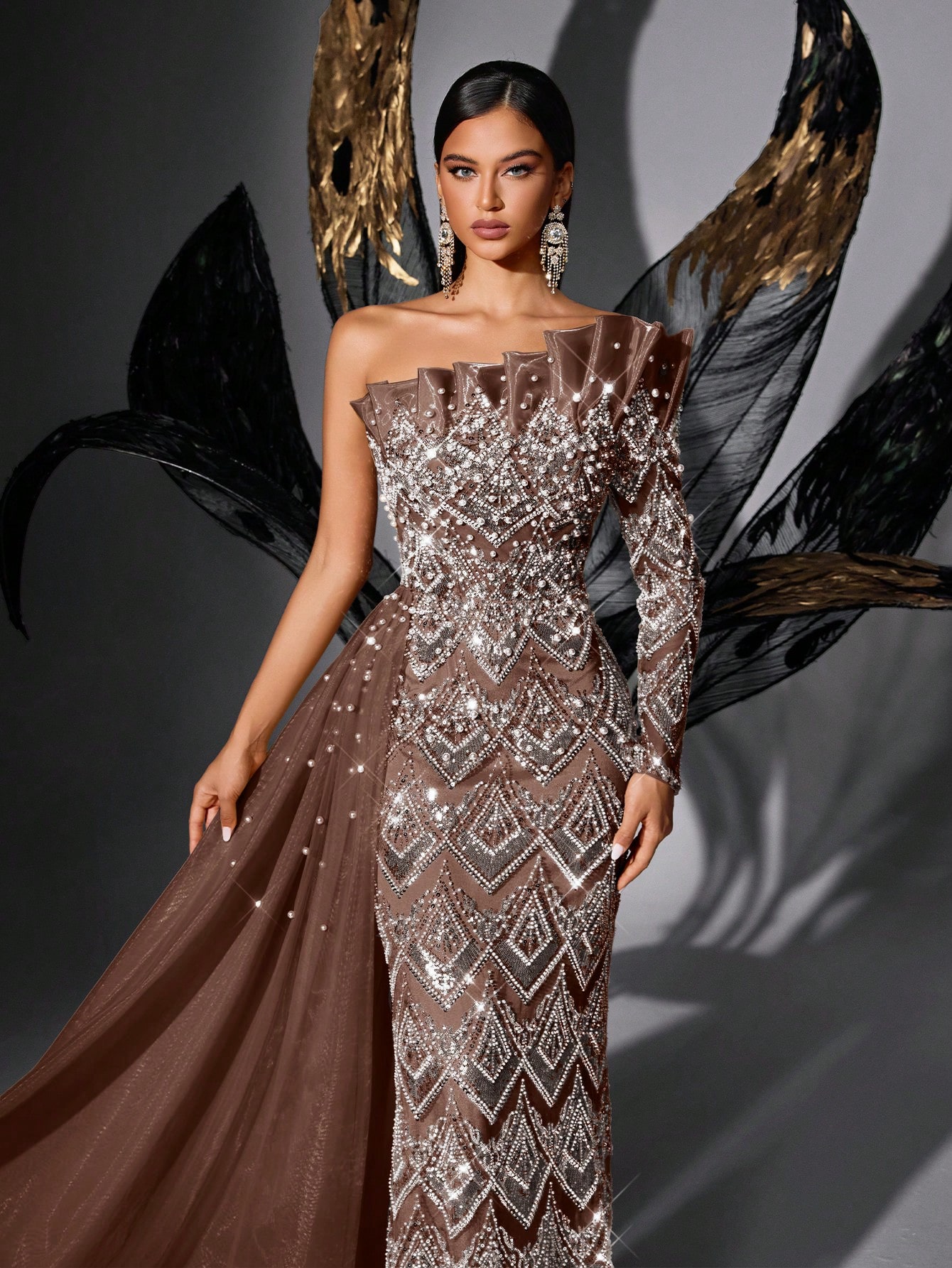 Chic Design Solid Color Sequins Beading One Shoulder Mermaid Hem Gown Dresses