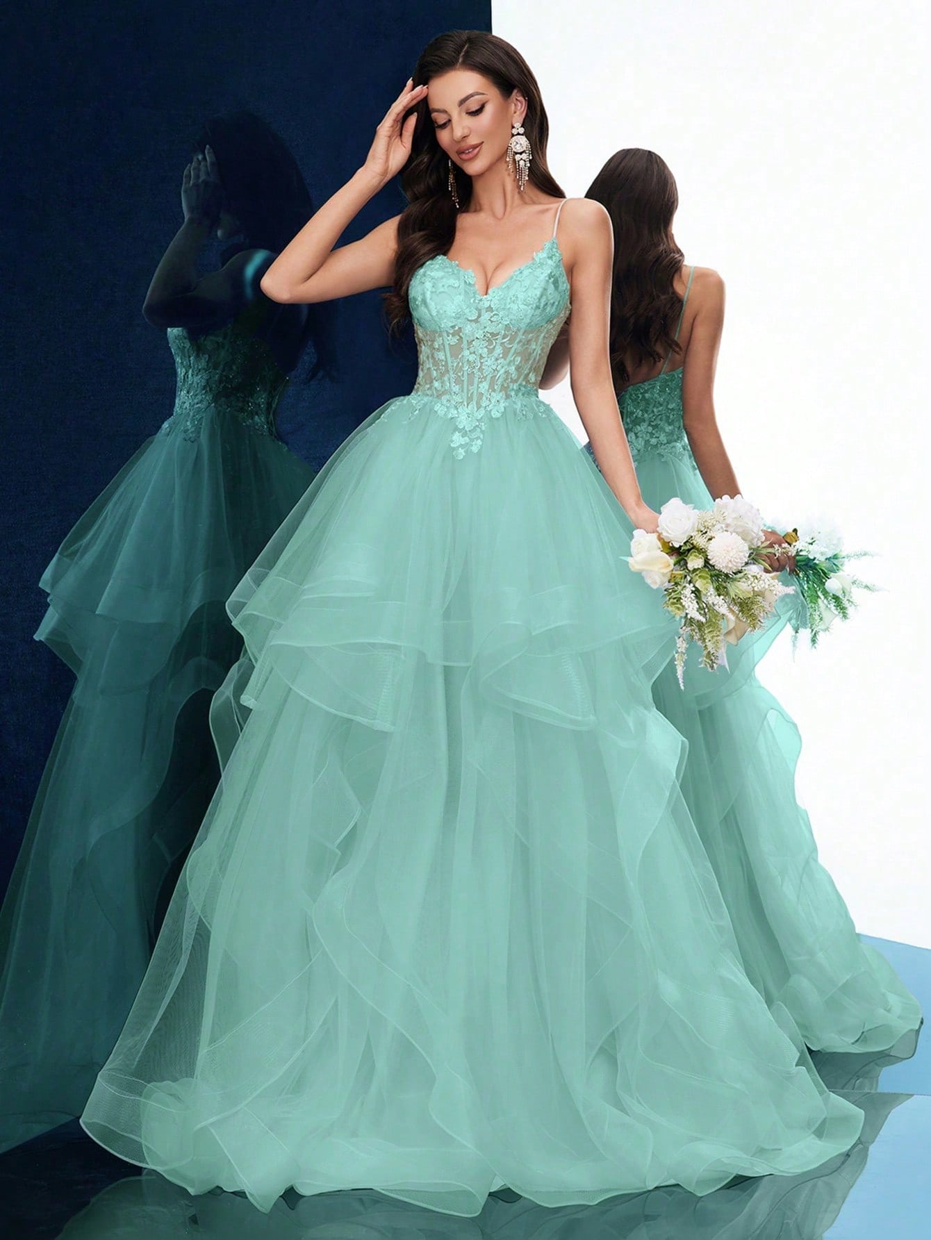 Dreamy Party Women Formal Dress Elegant Summer Evening Gown Graduation Outfit For Birthday Party, Graduation Season Prom, Galas, Fiesta, Dinner Party, Red Carpet Solid Color Appliqued Sleeveless Layered Hem Floor Length Dresses