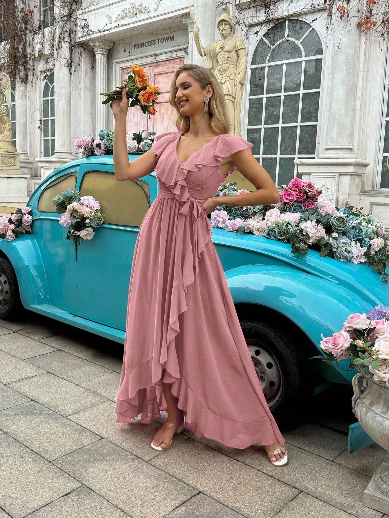 Fashion Daily Style Coral Orange V-Neck Flounce Sleeve Bridesmaid Gown Dresses
