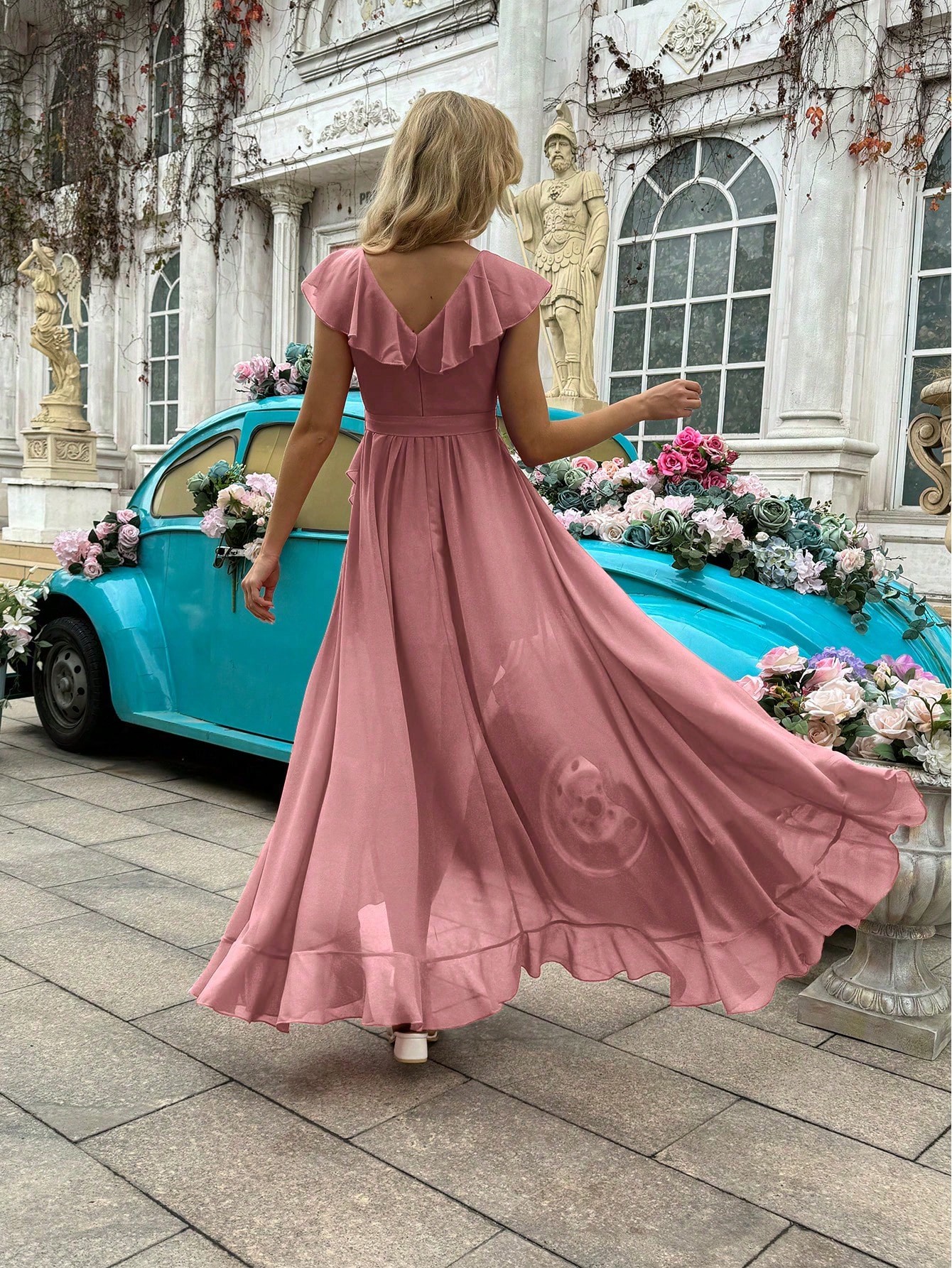 Fashion Daily Style Coral Orange V-Neck Flounce Sleeve Bridesmaid Gown Dresses