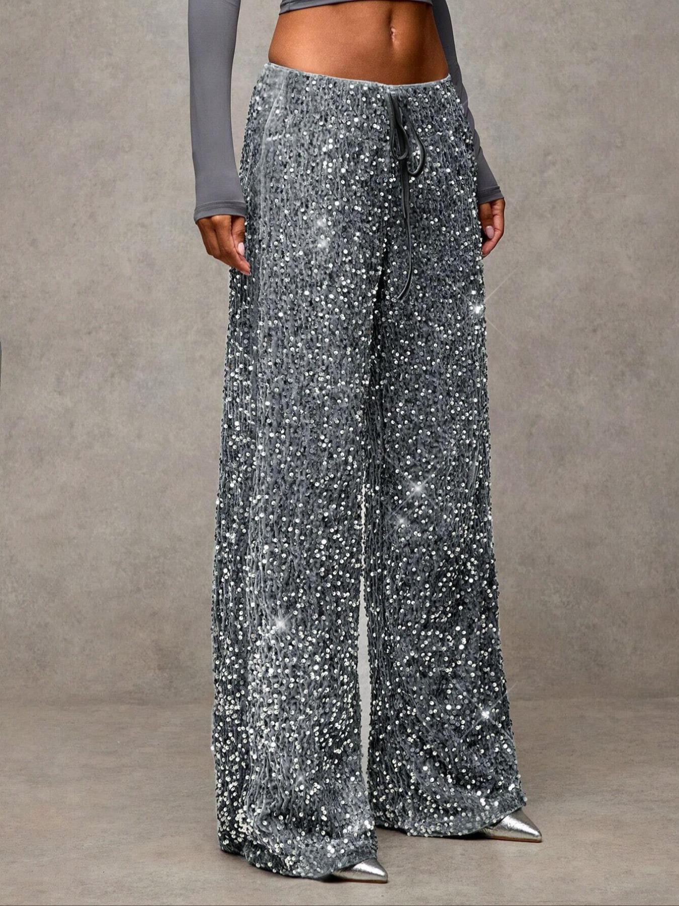 📢📢50 % OFF !!🎅Women's Sequin Sparkle Wide Leg Pants with Elastic Waistband