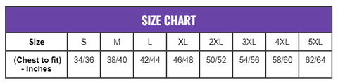 Size chart for Adult zip hoodies