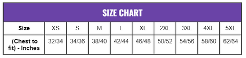Size chart for Adult sized pullover hoodies