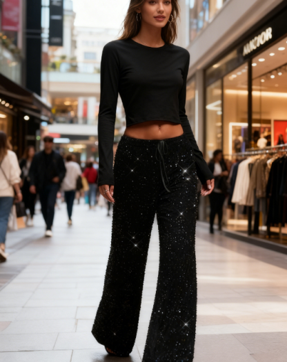 📢📢50 % OFF !!🎅Women's Sequin Sparkle Wide Leg Pants with Elastic Waistband