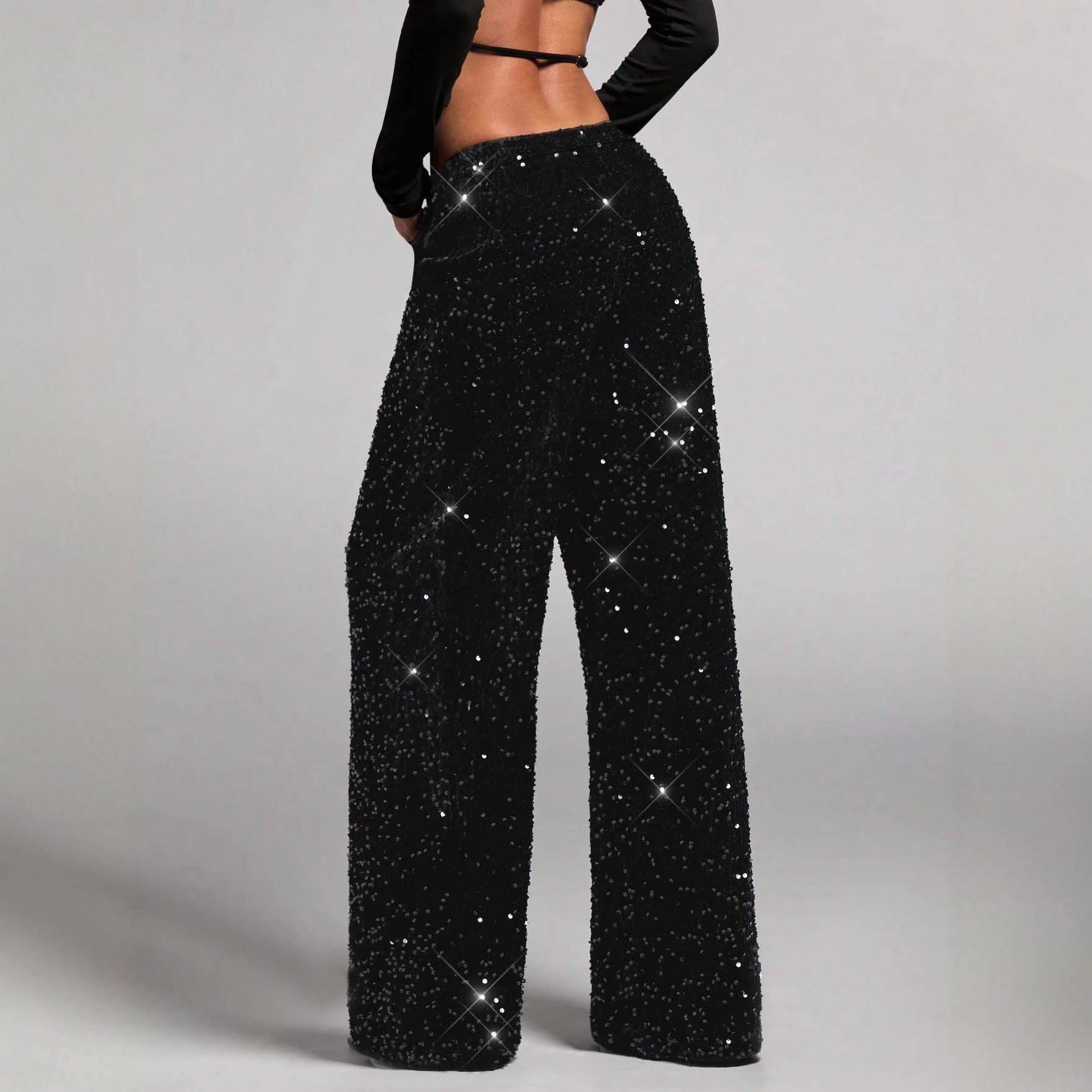 📢📢50 % OFF !!🎅Women's Sequin Sparkle Wide Leg Pants with Elastic Waistband