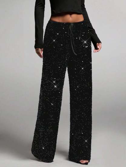 📢📢50 % OFF !!🎅Women's Sequin Sparkle Wide Leg Pants with Elastic Waistband