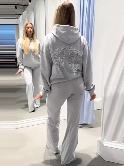 Women's Grey Sequined Angel Wings Cropped Hoodie and Sweatpants Set - Stylish and Casual