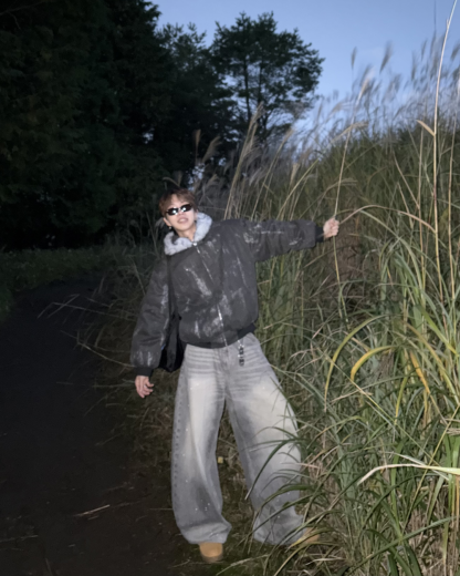 Wash-Damaged Fur Hood Jacket