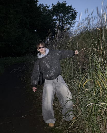 Wash-Damaged Fur Hood Jacket