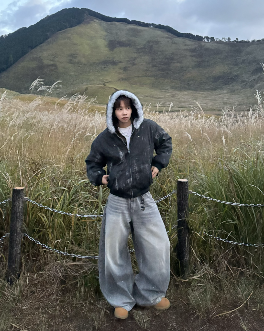 Wash-Damaged Fur Hood Jacket