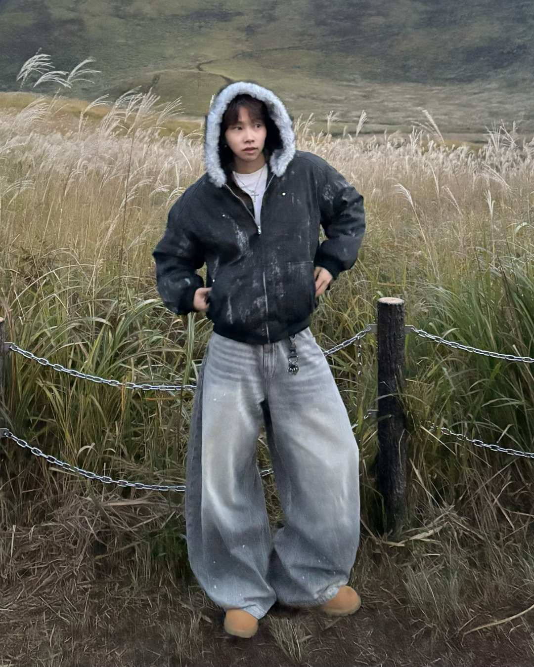 Wash-Damaged Fur Hood Jacket