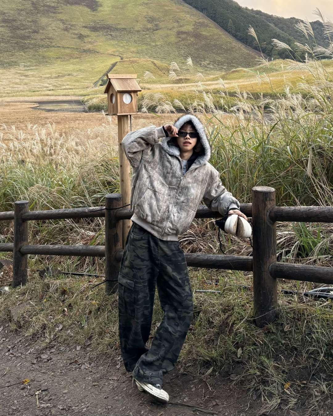 Wash-Damaged Fur Hood Jacket