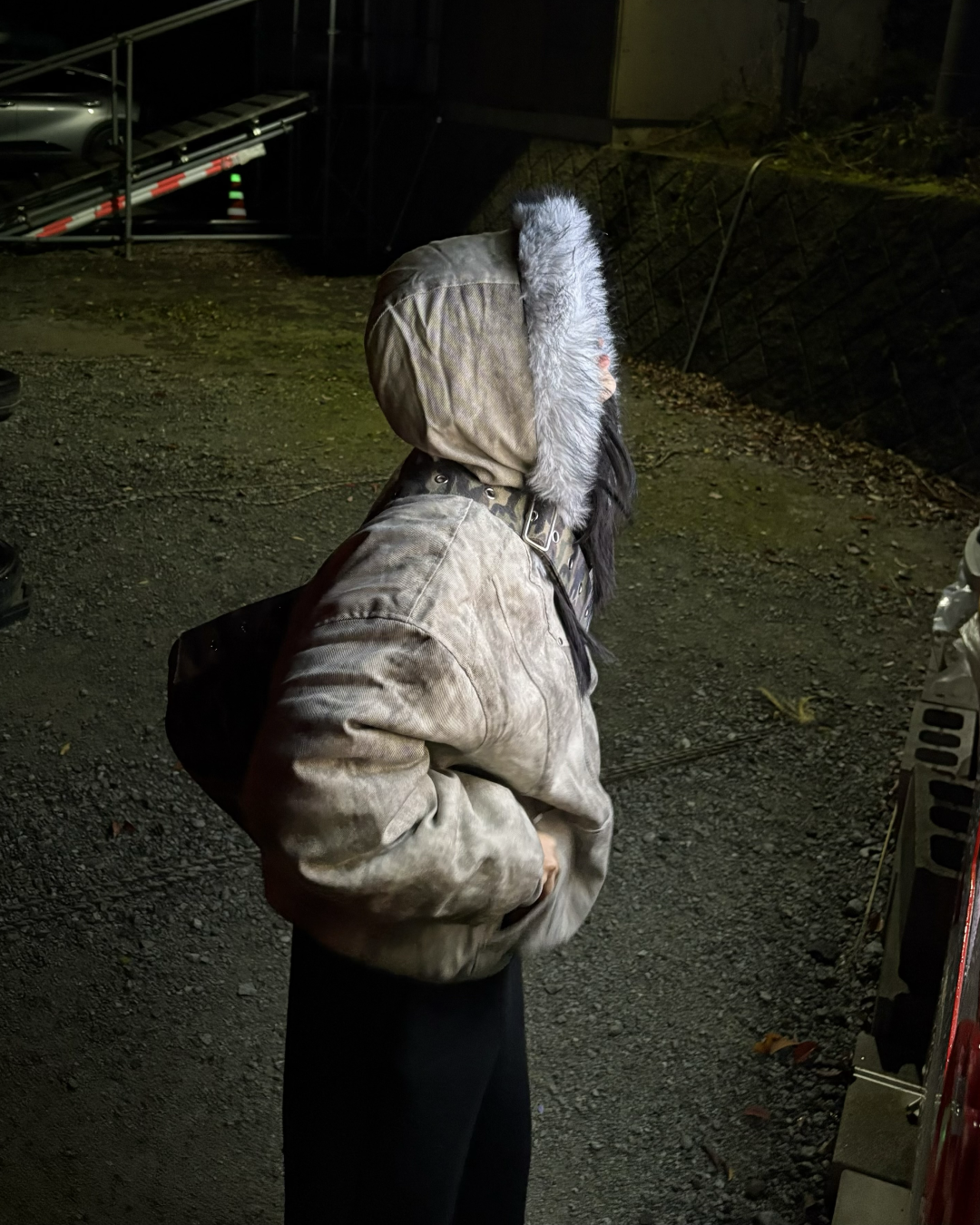 Wash-Damaged Fur Hood Jacket