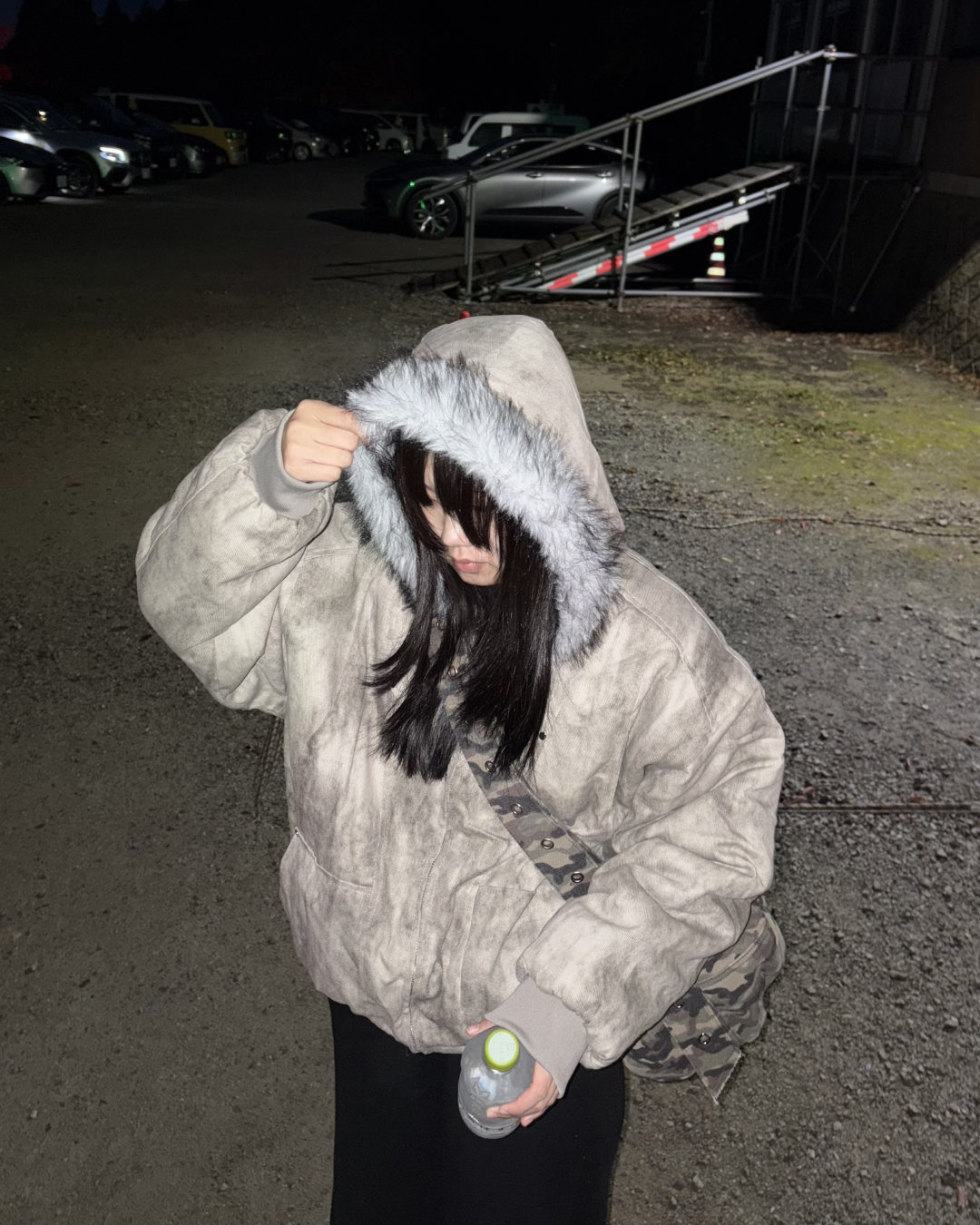 Wash-Damaged Fur Hood Jacket