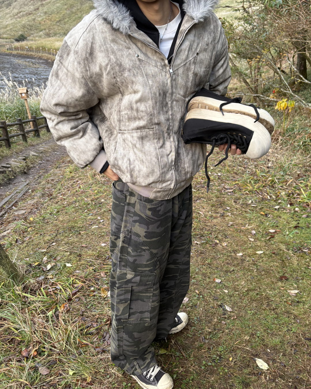 Wash-Damaged Fur Hood Jacket