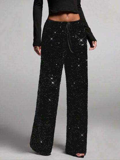 📢📢50 % OFF !!🎅Women's Sequin Sparkle Wide Leg Pants with Elastic Waistband