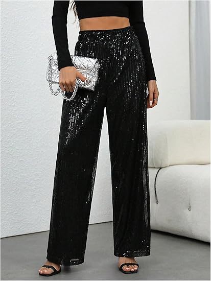 📢📢50 % OFF !!🎅Women's Sequin Sparkle Wide Leg Pants with Elastic Waistband