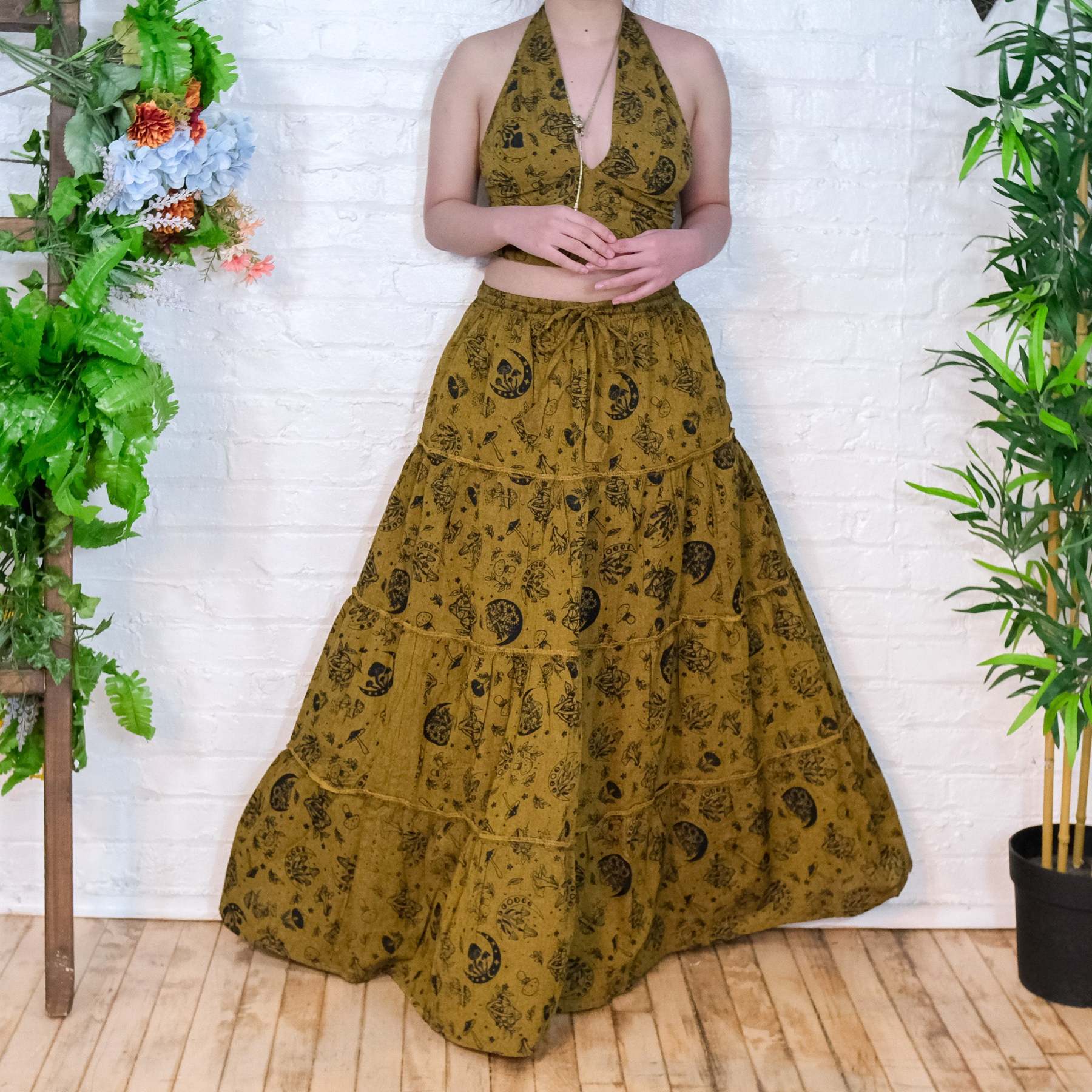 Flowy Tiered Mushroom Celestial Cotton Skirt Set