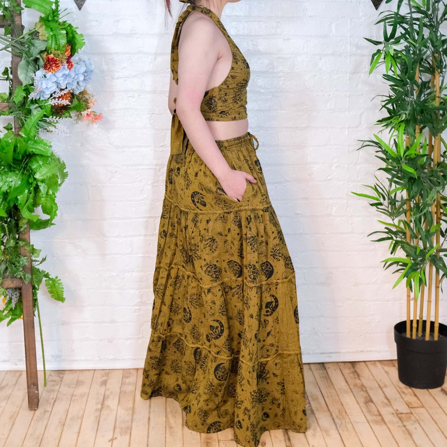 Flowy Tiered Mushroom Celestial Cotton Skirt Set