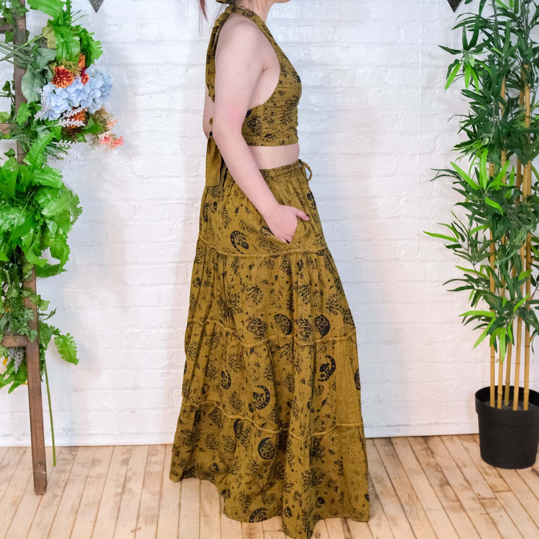 Flowy Tiered Mushroom Celestial Cotton Skirt Set