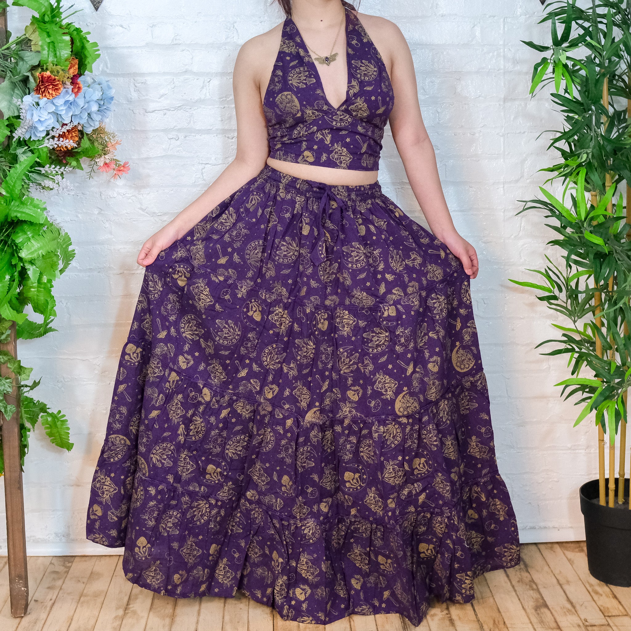 Flowy Tiered Mushroom Celestial Cotton Skirt Set