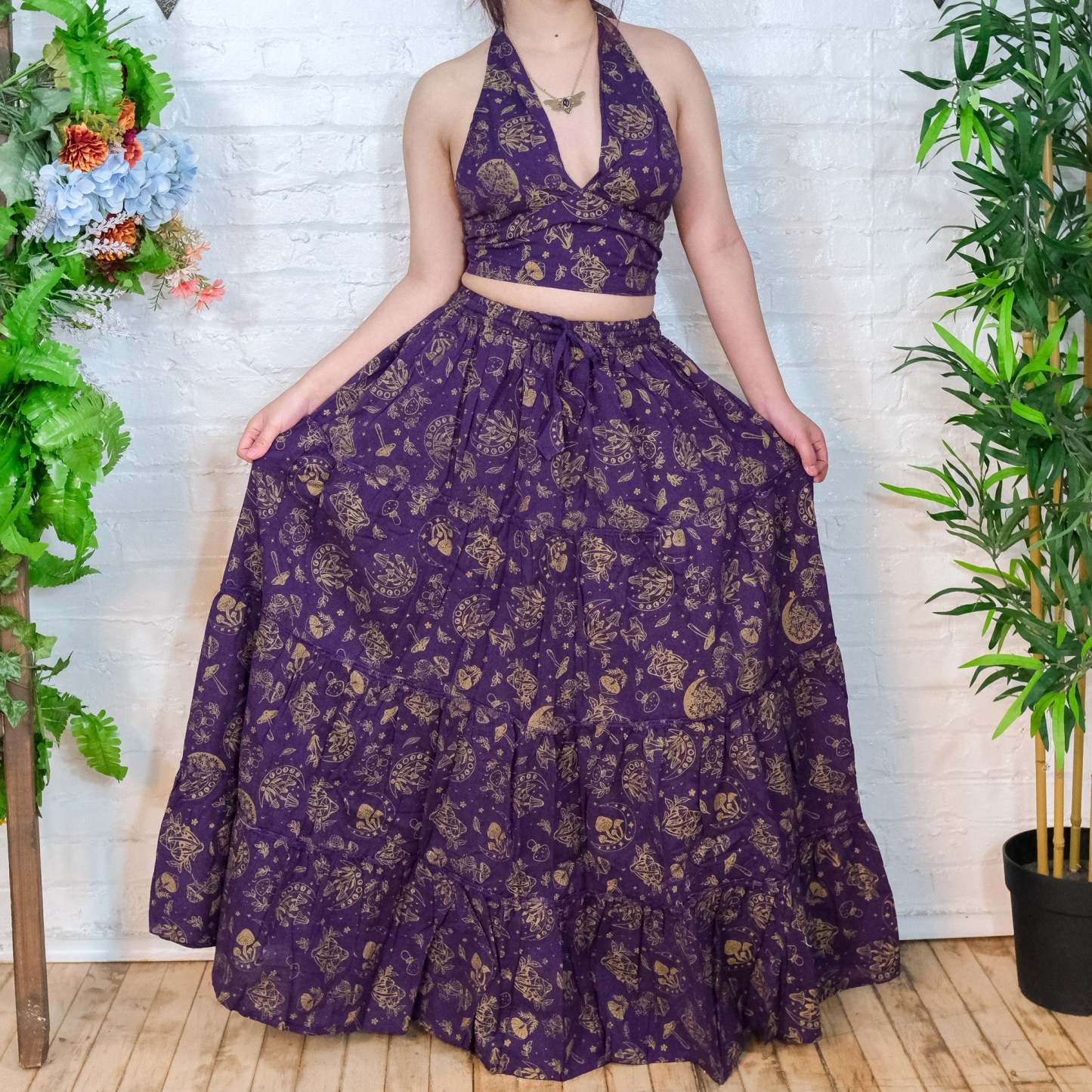 Flowy Tiered Mushroom Celestial Cotton Skirt Set