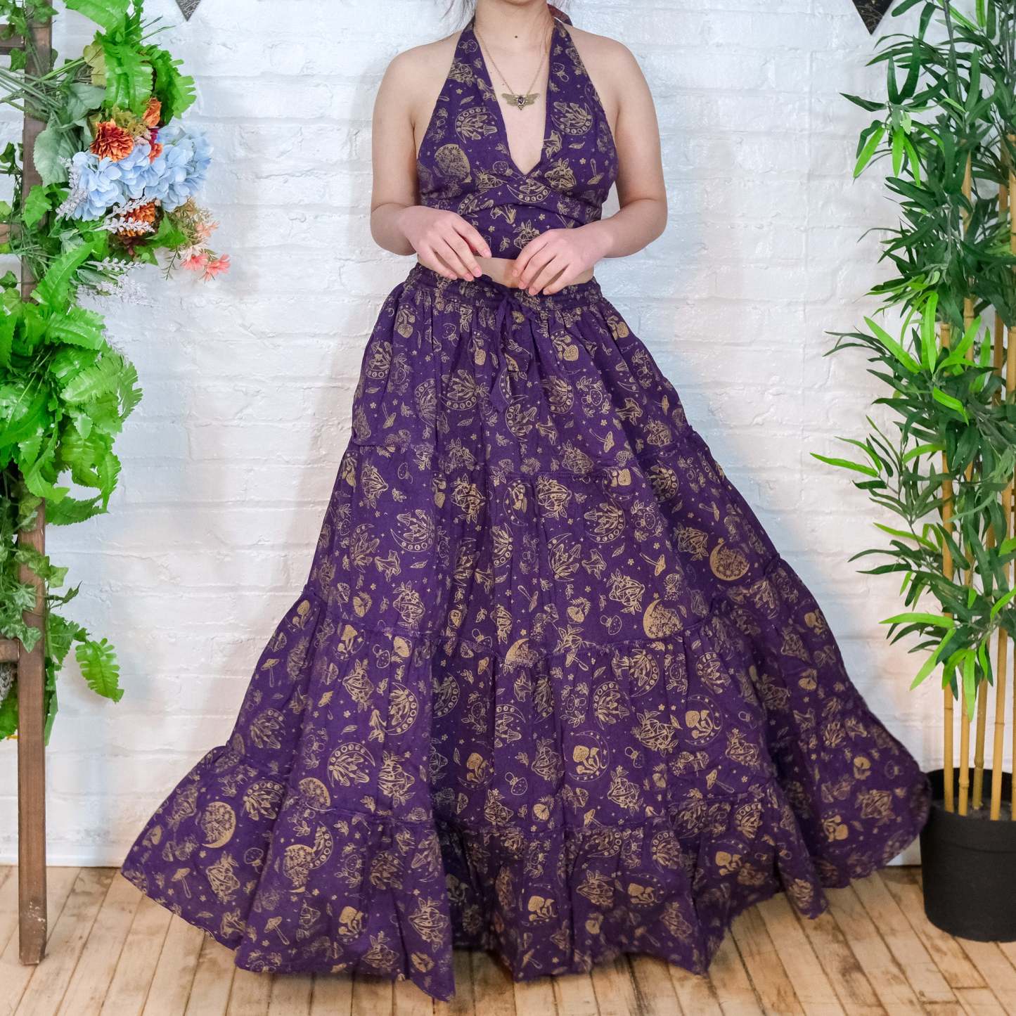 Flowy Tiered Mushroom Celestial Cotton Skirt Set