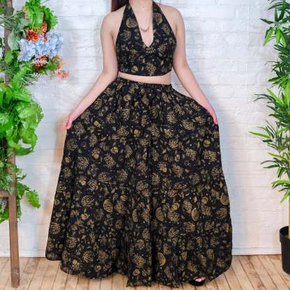 Flowy Tiered Mushroom Celestial Cotton Skirt Set