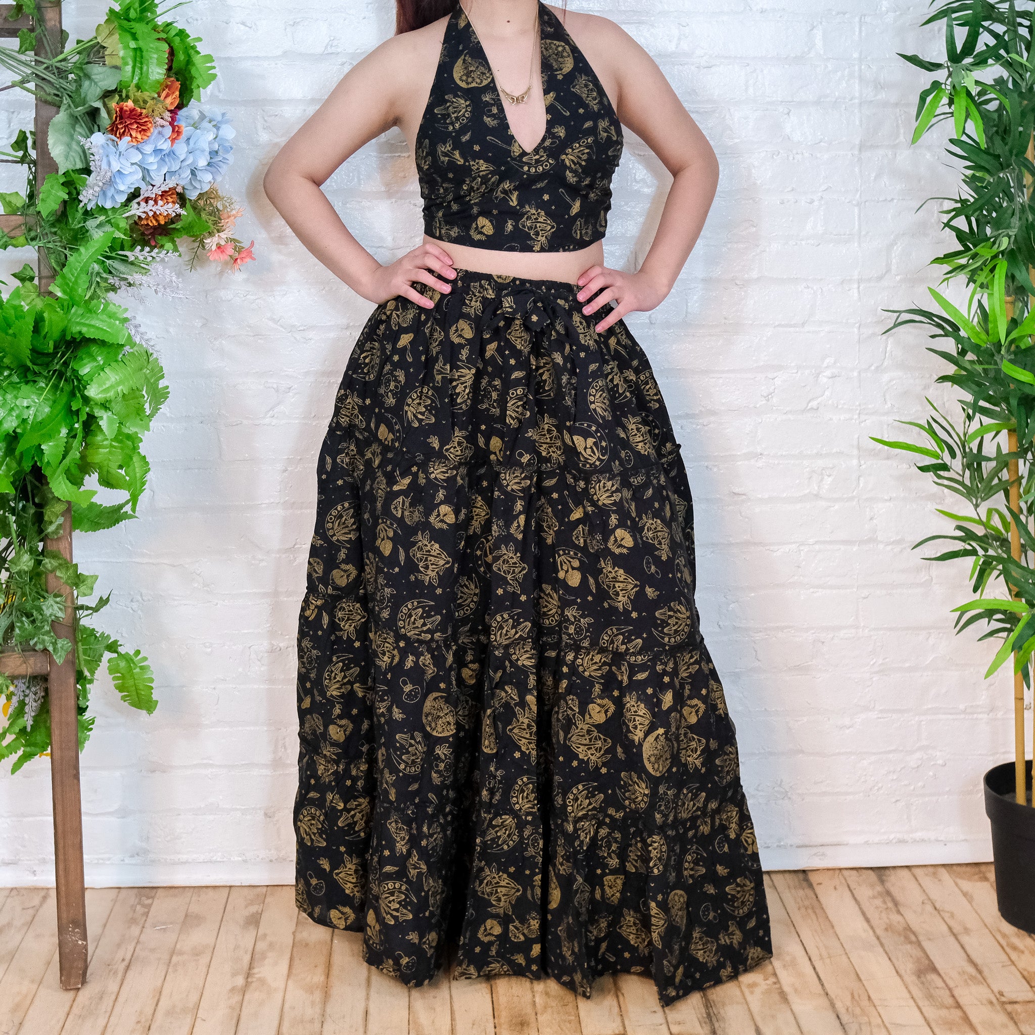 Flowy Tiered Mushroom Celestial Cotton Skirt Set