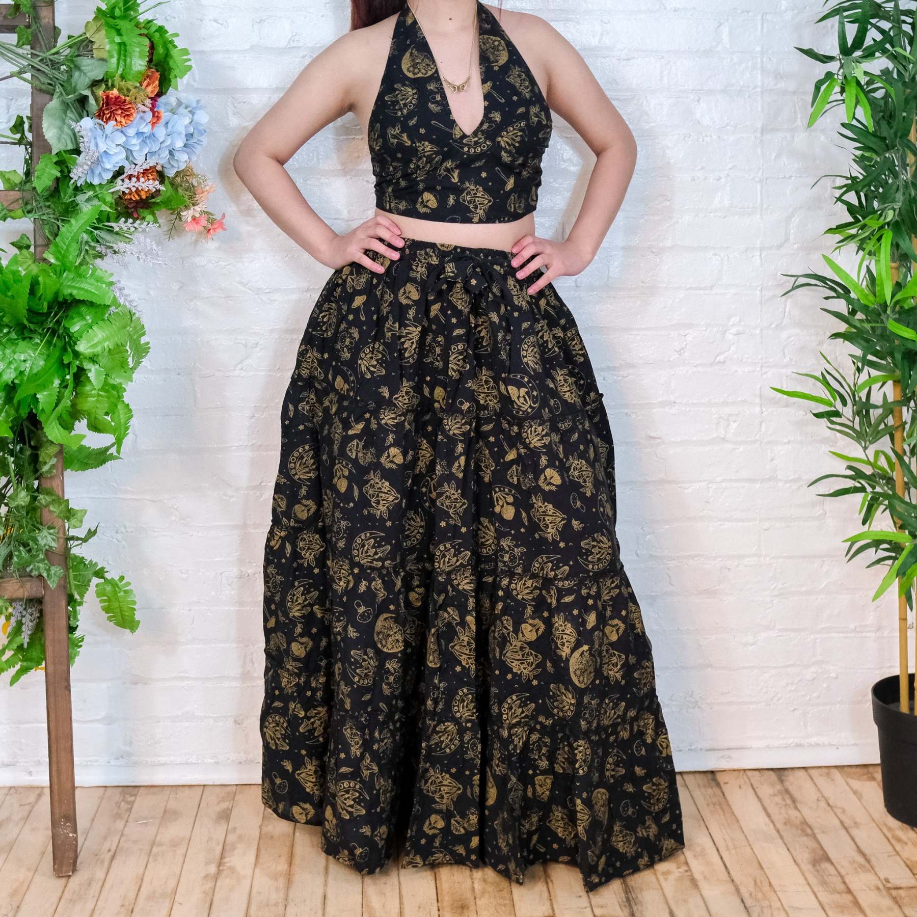 Flowy Tiered Mushroom Celestial Cotton Skirt Set