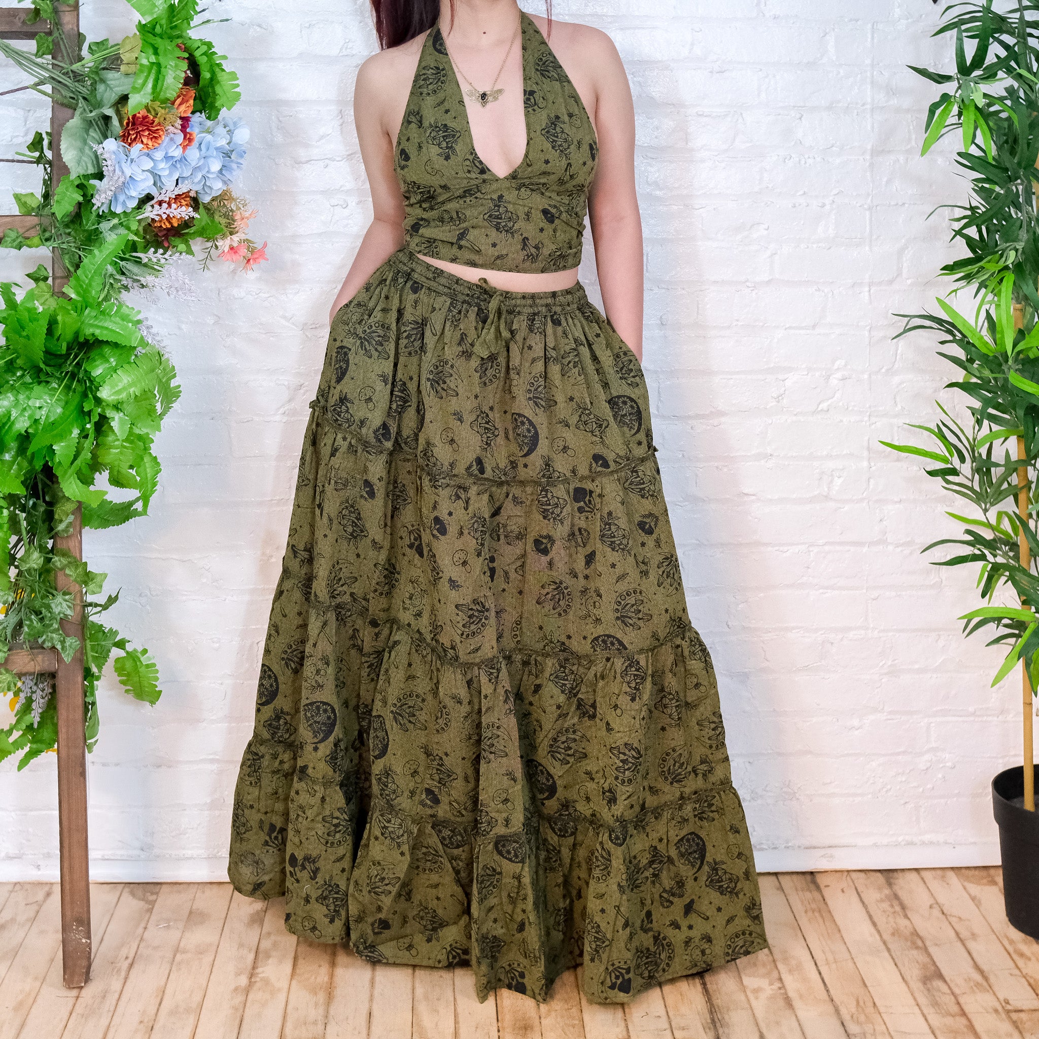 Flowy Tiered Mushroom Celestial Cotton Skirt Set