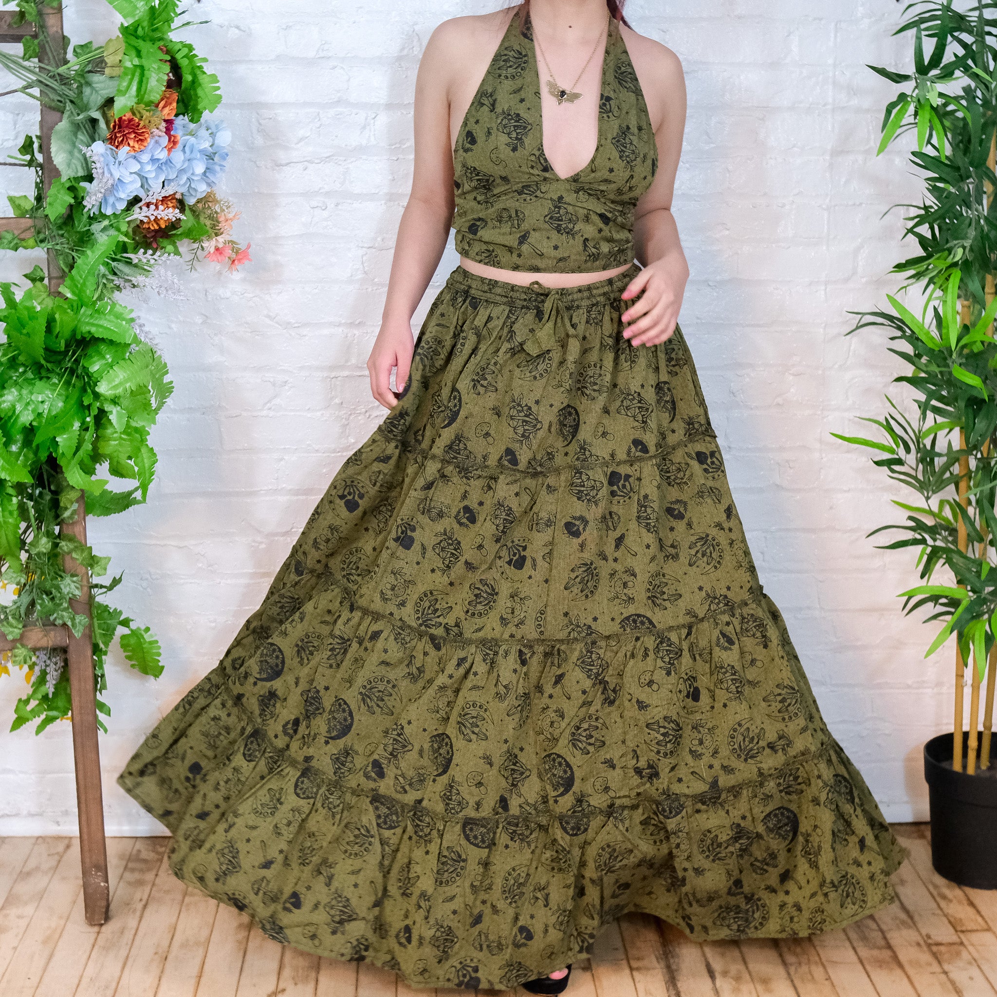 Flowy Tiered Mushroom Celestial Cotton Skirt Set