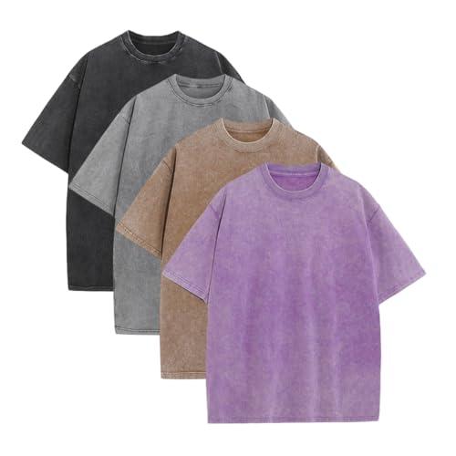 4 Pack Tshirts for Men Gym Vintage Heavyweight T Shirts Cotton Workout Acid Wash Baggy Tees