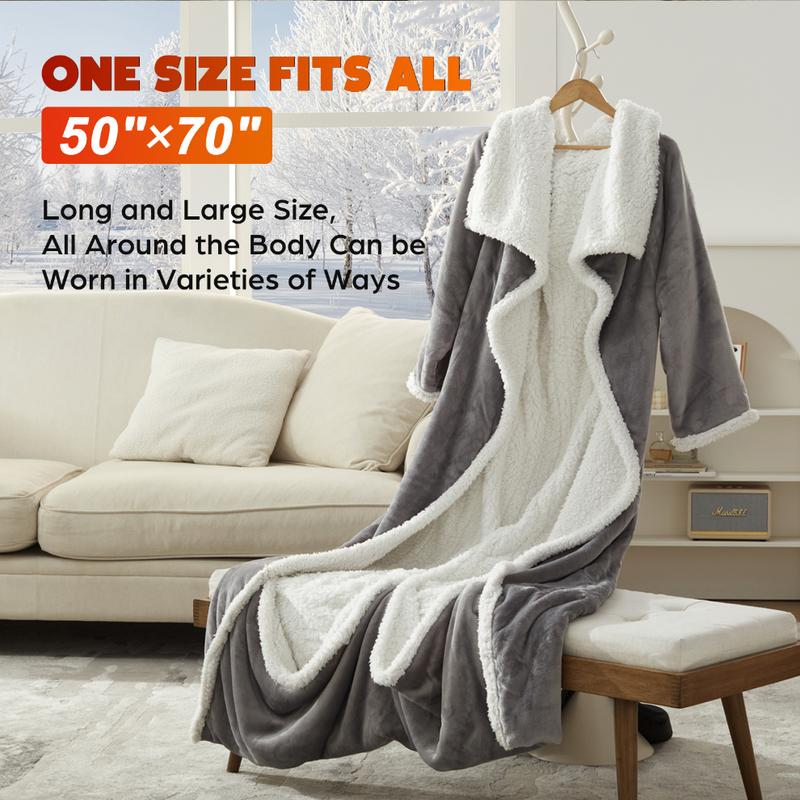 【Black Friday】DOWNCOOL Wearable Electric Heated Blanket with Sleeves & Hood & Foot Pockets Flannel Sherpa Blanket for Adults Heated Blanket with 1-12 Hours Auto-off & 10 Heat Settings 50x70 Inch electric heating for Bedroom Home