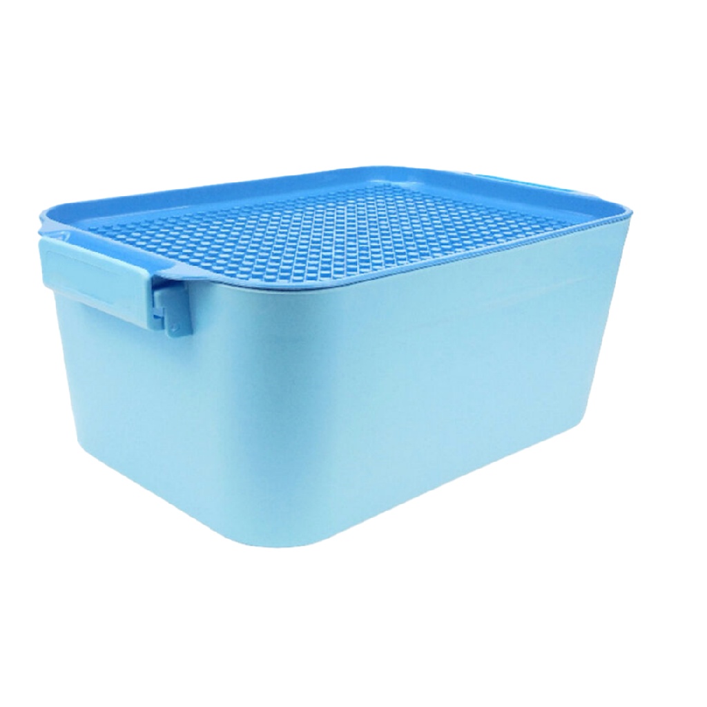 Caja de almacenamiento plástica con tapa, color azul-leonardmolly.shop