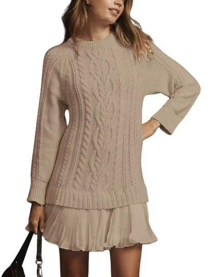 Women Cable Knit Sweater Dress Crewneck Long Sleeve Pleated Mini Dress Twofer Style Patchwork Dress