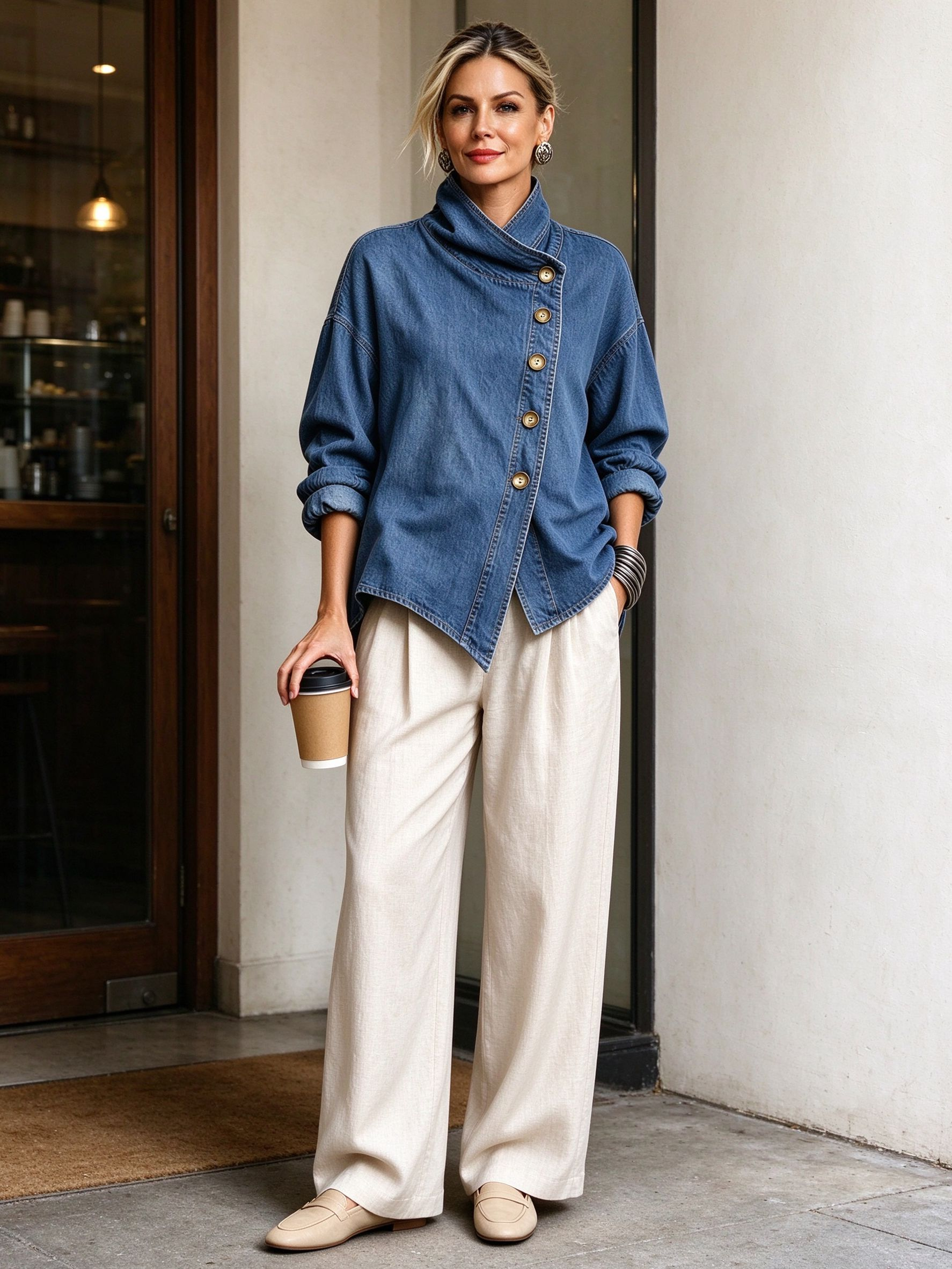 50% OFF Women's Oversized Denim Shirt Jacket, Asymmetrical Casual Button-Down Top, Soft Mid-Wash Layering Shirt, Plus Size S–3XL