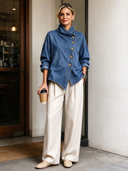 50% OFF Women's Oversized Denim Shirt Jacket, Asymmetrical Casual Button-Down Top, Soft Mid-Wash Layering Shirt, Plus Size S–3XL