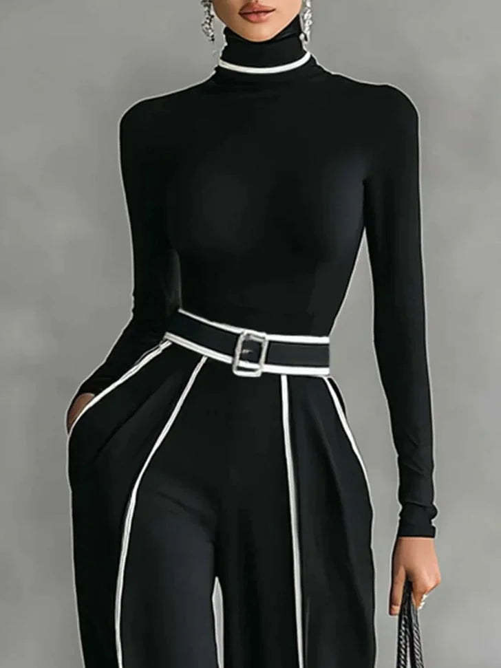 Long Sleeve High Neck Top Set with White Trim, Wide Leg Pants and Belt